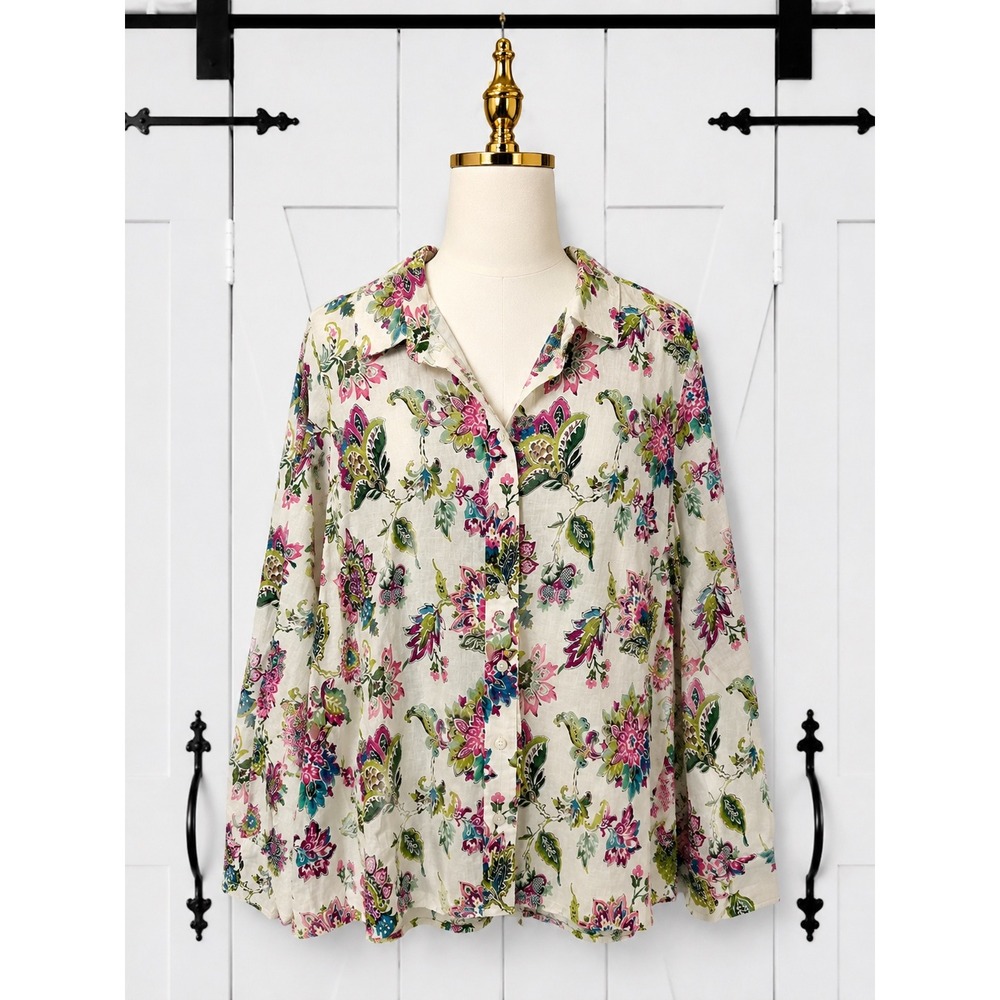 Soft Surroundings Linen Blend Button Up Top Blouse Size XL Multi Floral